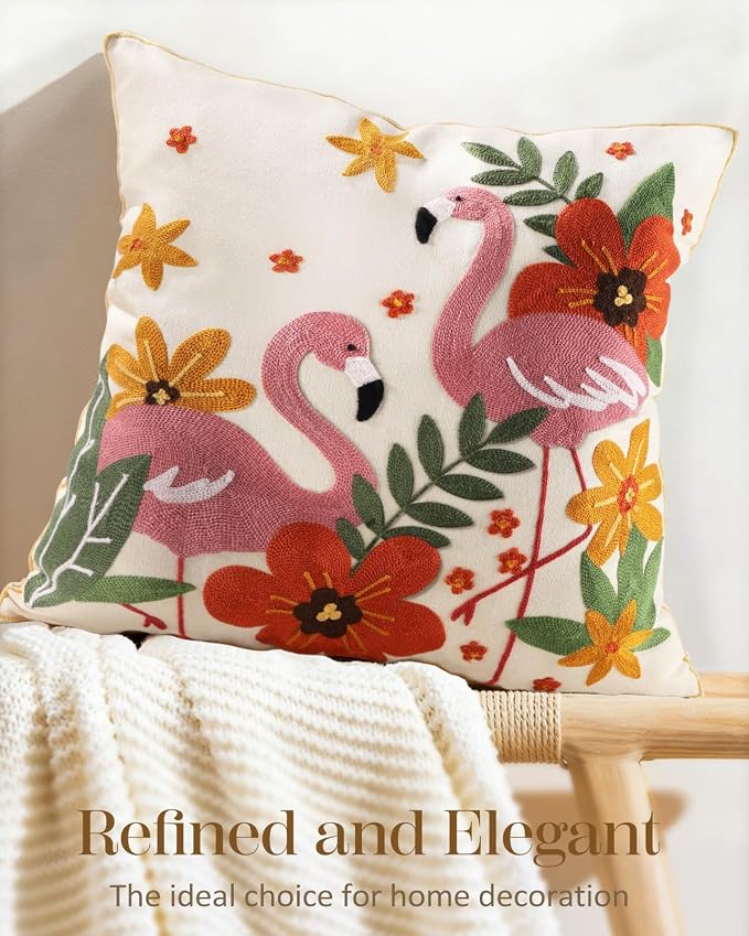 Animal Embroidered Throw Pillow Cover 18x18 Inch, Flamingos Floral | Decorative Pillow Cover, Boho Floral Cushion Cases with Hidden Zipper, Cottagecore Decor for Couch, Sofa, Living Room