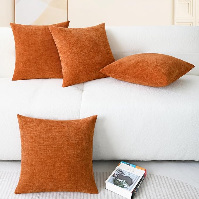 CaliTime Fall Decorative Throw Pillow Covers 18 X 18 Inches Burnt Orange | Pack of 4, Cozy Chenille Cushion Cases for Sofa Bed Living Room Farmhouse Home