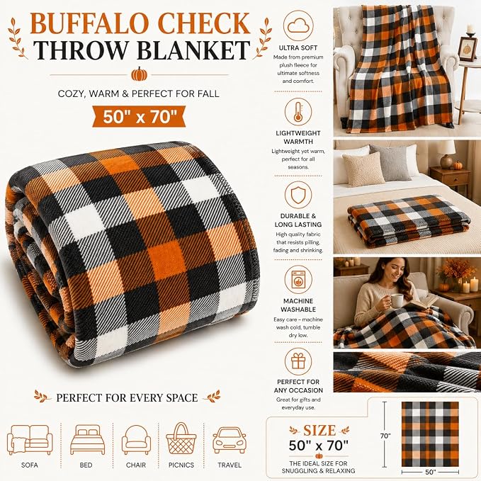 Fall Soft Fleece Throw Blanket, Orange Black White Plaid, 50x70 Oversized | Warm Cozy Fabric , Farmhouse Harvest Colors, For Living Room Sofa Couch Bed Chair Dorm Outdoors, Seasonal Gift or Home Décor