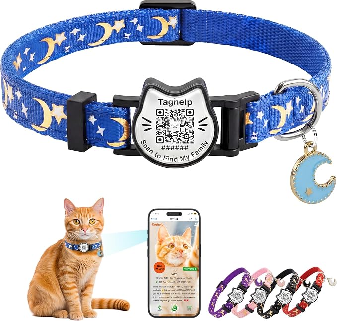 QR Code Pet ID Cat Collar - Breakaway Safety Kitten Collar with Glow in The Dark & Bell, Cute Moons Stars Adjustable Collar for Cats, Online Profile for Medical Info, Contact & Lost Pet Recovery(Blue)