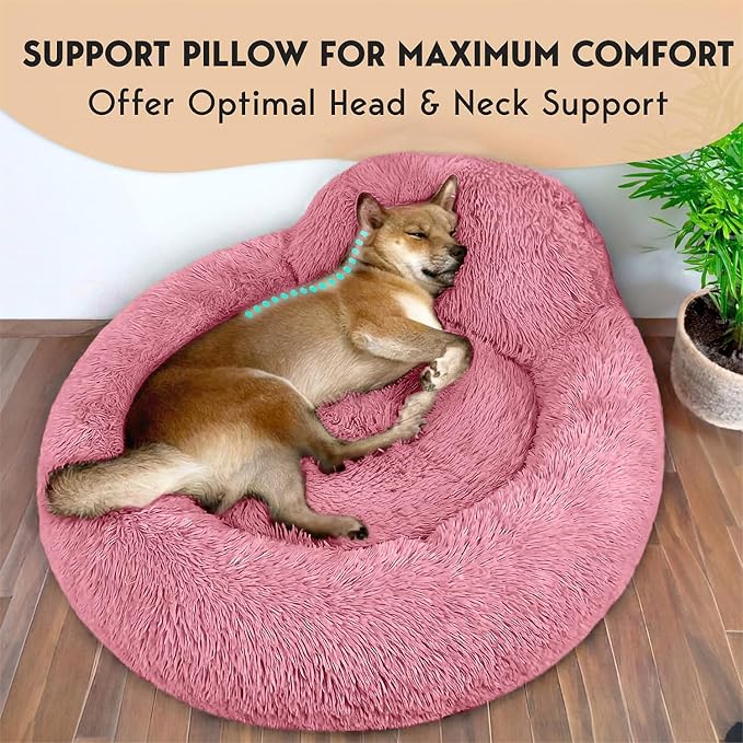 PetJett Calming Medium Dog Bed - 30'' Round Dog Beds, Anti-Slip & Washable Super Soft Fluffy Plush Donut Bed, Anti-Anxiety Premium Comfort Pet Bed, Fits Dogs up to 45 lbs - Pink