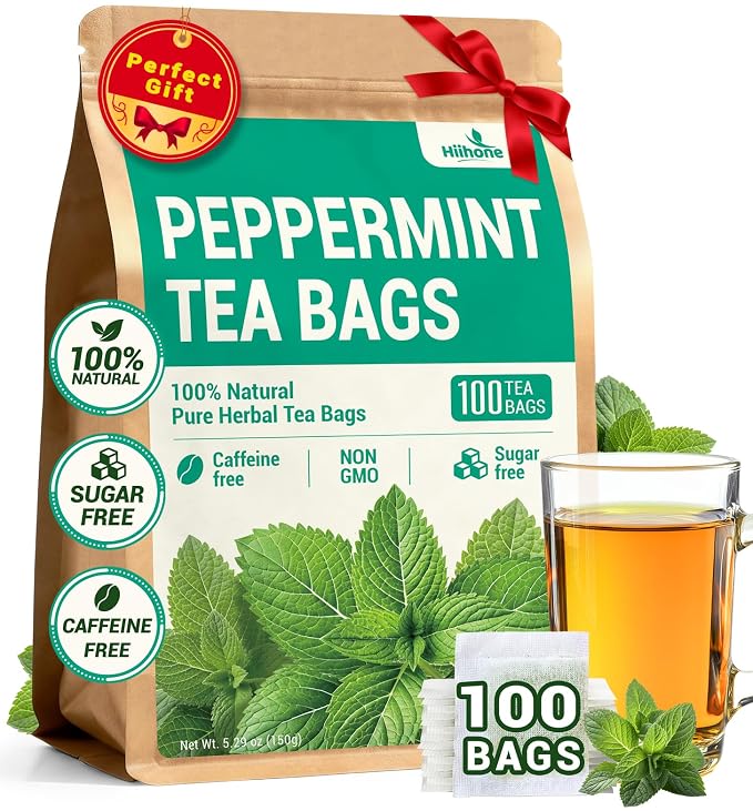 Hiihone Peppermint Tea Bags, Pure & Natural Peppermint Leaves, Fresh Minty Herbal Tea, Naturally Caffeine-Free, Non-GMO, Enjoy Hot or Iced, 100 Tea Bags