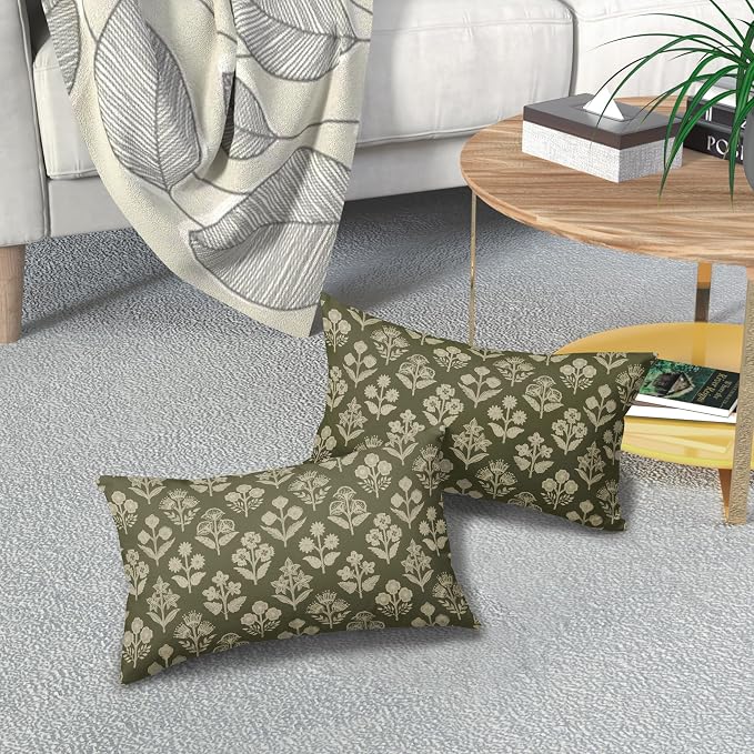 Olive Green Pillow Covers 12x20 Inch Set of 2, Cream Floral Block Print Pattern Lumbar Decorative Throw Pillowcases Outdoor Farmhouse Rectangle Cushion Covers Spring Summer Sofa Couch Bed Decor