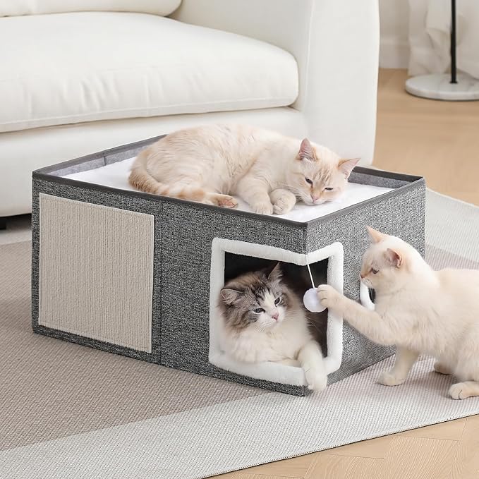 Extra-Wide Cat Houses for Indoor Cats, Large Cat Cave Bed with Fluffy Ball and Scratch Pad, Foldable Covered Kitten Bed for Multiple Cats, 23.6x16x13 inches, Grey