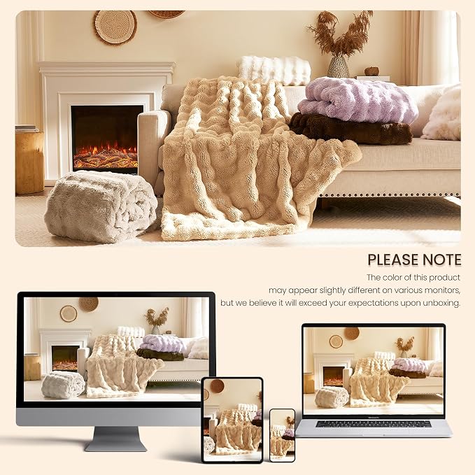 L'AGRATY Faux Rabbit Fur Throw Blanket for Couch, 90''x90'', Milk Tea Brown | Soft Cozy Bubble Fluffy Blanket for Sofa Bed, Thick Warm Plush Fuzzy Throw for Room Home Decor, Luxury Gift for Women Mom