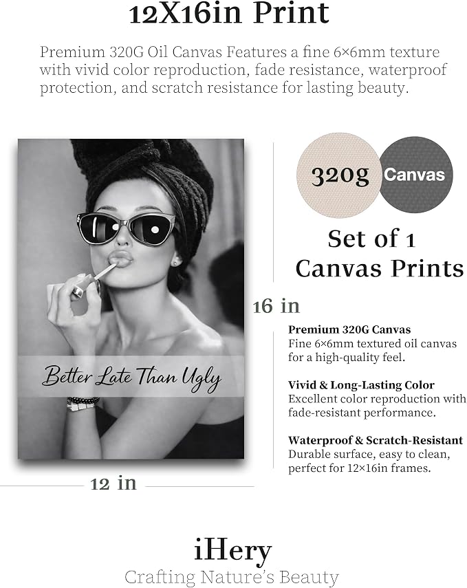 iHery 12x16in Hepburn Better Late Than Ugly Unframed Bathroom Wall Art | Unframed Canvas Poster Print, Vintage Makeup Decor for Bathroom, Bedroom, Vanity Room and Living Room, 1Pack