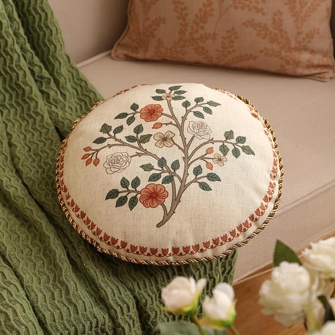 Designer Elegant Linen Throw Pillow Cover,Diameter 16"-Flora B | Vintage French Round Decor Pillow Cover,Concealed Zipper Design,Floral Pattern,Sofas,Bedroom,Living Room,Lounge Chairs