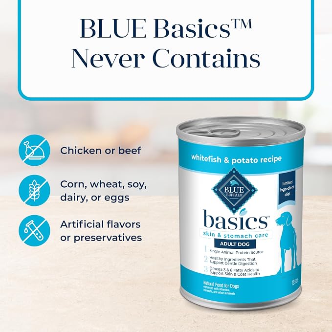Blue Buffalo Basics Whitefish Adult Grain-Free Wet Dog Food, 12.5 oz, 12 ct | Skin & Stomach Care, Real Whitefish #1 Ingredient, Limited Ingredient Diet, Antioxidant-Rich LifeSource Bits
