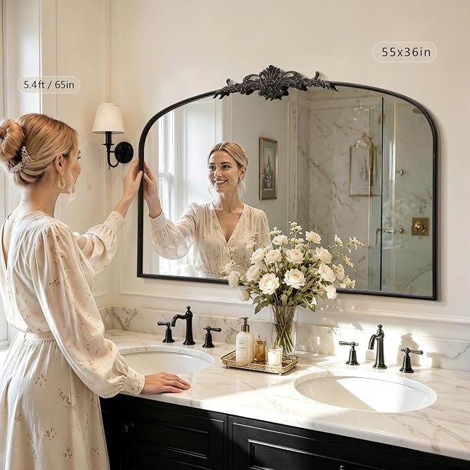 Besdomus Antique Arch Black Mirror: 55"x36" Extra Large Decorative Mirrors | French Vintage Baroque Ornate Metal Frame for Home Renovation - Ideal for Double Vanity/Entryway/Fireplace Mantel/Living Room