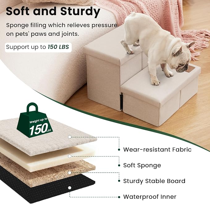 Love's cabin Dog Stairs for High Bed, Foldable Pet Stairs for Small Medium or Large Dogs Puppy with Storage for Bed or Couch, Cat Dog Steps Ramp with Zip up to 200 lbs, Beige, 2 Steps