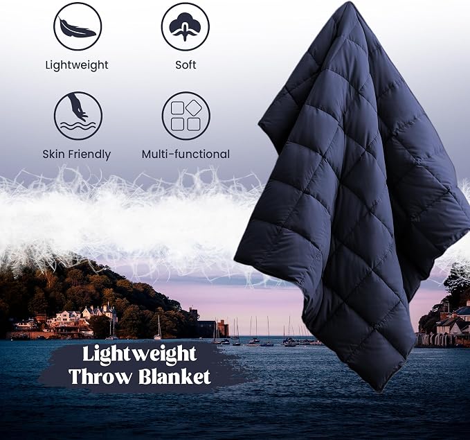 puredown® Soft Feather Down Throw Blanket Lightweight Packable Couch Throw for Indoor and Outdoor Use, Throw 50"X70", Navy