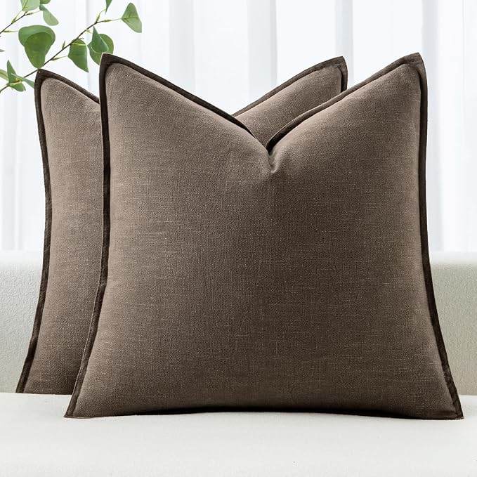 MIULEE Decorative Linen Pillow Covers 18x18 Inch Coffee | Boho Farmhouse Fall Autumn Couch Throw Pillows for Bed, Pack of 2 Accent Modern Pillowcases, Sofa Livingroom Home Decor