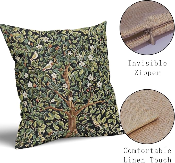 Green Tree Pillow Covers 24X24 Inch Set of 2 Watercolor Forest Bird Floral leaves Decorative Pillow Cases Spring Vintage Leaf Flower Cotton Linen Cushion Case Farmhouse Home Decor For Sofa Couch