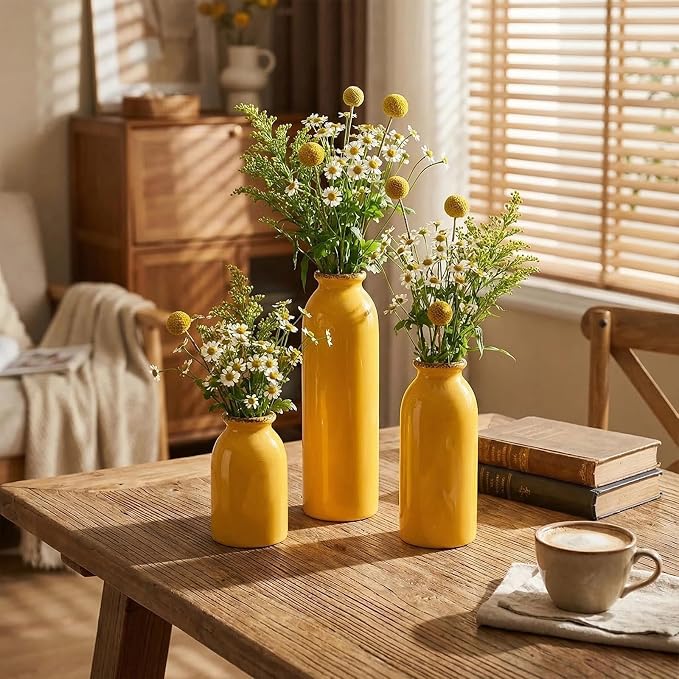 3Pcs Yellow Ceramic Vases, Decorative Vases for Modern Farmhouse | Neutral Pottery Decor for Table Mantel Entryway Bookshelf Living Room
