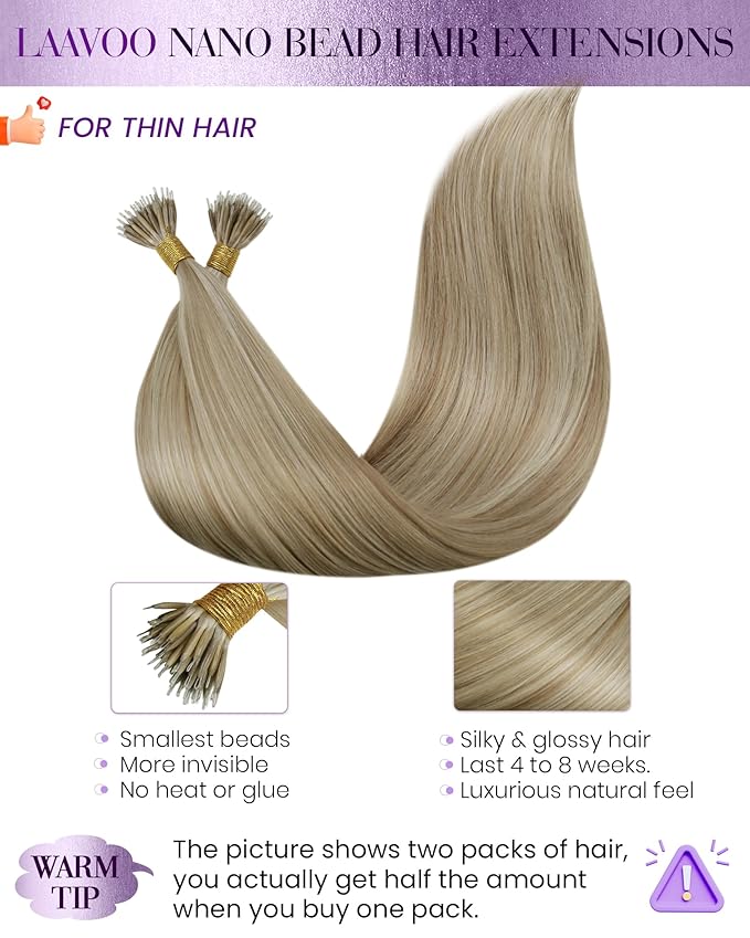 LaaVoo Nano Bead Human Hair Extensions Blonde Nano Ring Extensions Blonde Highlight Nano Hair Extension Human Hair Silky Straight 50g 50s 22 Inch