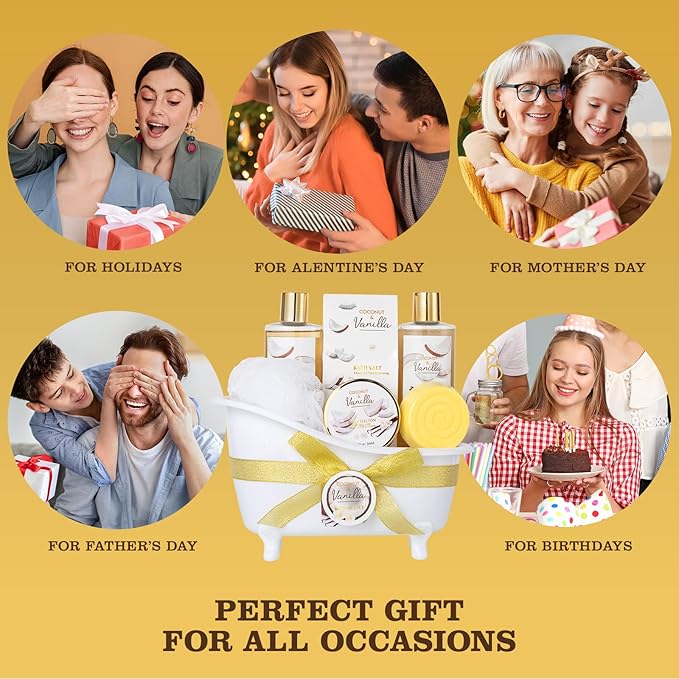 Mothers Day Gifts for Women and Men - 8-Piece Bath Kit Coconut Vanilla Bath & Body Gift Set for Women Self Care Spa Gift Baskets | Perfect Gifts for Mom, Birthday Gift, All Occasion Holiday Present