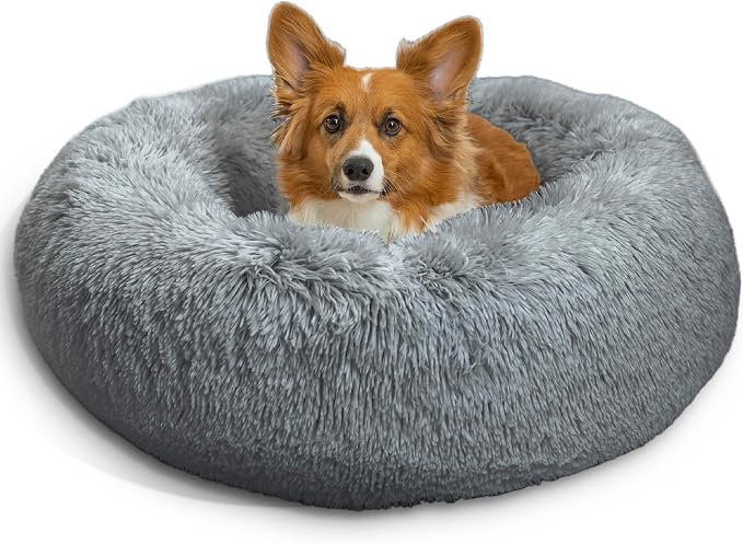 Best Friends by Sheri Original Calming Donut Dog Bed, Gray, Small, 23" | Machine Washable, Shag Faux Fur, Orthopedic Support, Sense of Security, Water-Resistant Base, Small Dogs Up to 25 lbs
