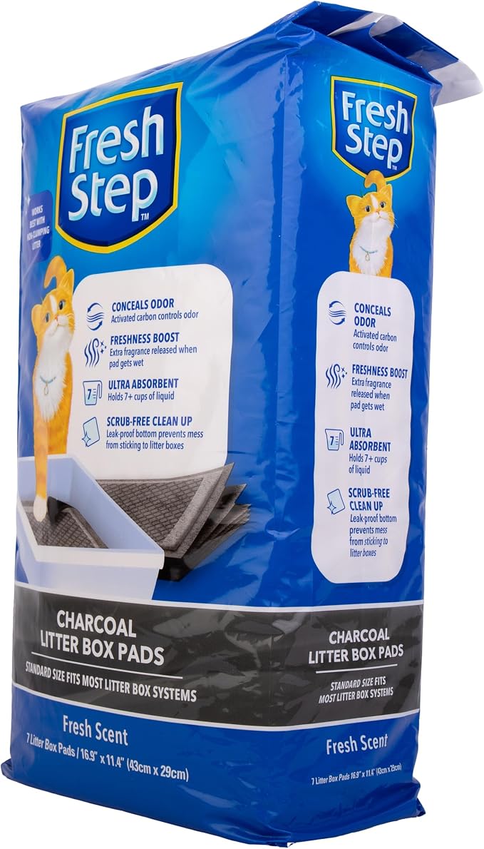 Fresh Step Charcoal Cat Litter Box Pads, Activated Carbon, 7 Count | Ultra-absorbent, leak-proof bottom, scrub-free cleanup, controls odor, 16.9 x 11.4 inch pads