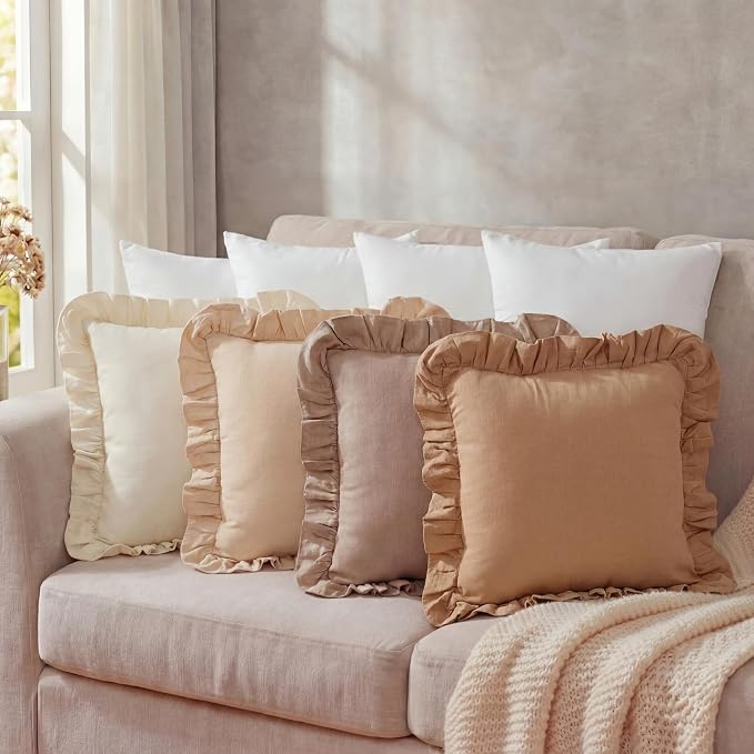 8 Packs Neutral Color Ruffle Pillow Covers with Inserts 18 x 18 Inches Soft Cotton Ruffle Pillowcase Rustic Boho Farmhouse Modern Home Decor for Bed Sofa Living Room Couch