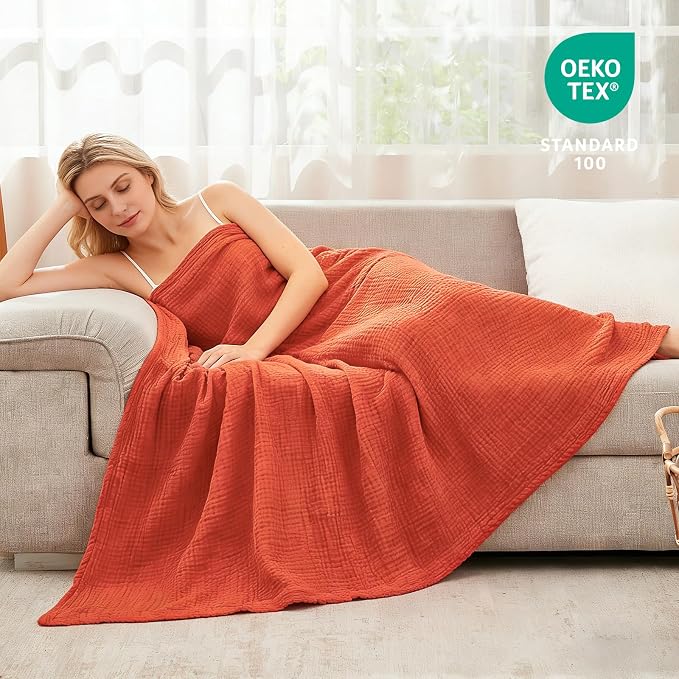 EMME Cotton Muslin Twin XL Blanket Breathable Gauze Soft Lightweight Adults Gifts for Women (Heather Orange Rust, 66"x90")
