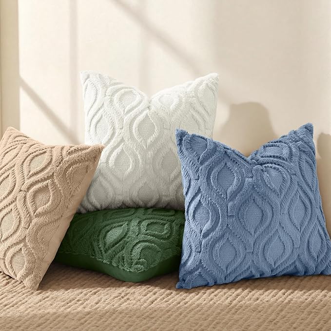decorUhome Faux Fur Plush Soft Blue Throw Pillow Covers 16x16 Set of 2 | Wool Solid Fall Couch Pillow Covers, Accent Modern Farmhouse Neutral Decorative Square Pillow Cases for Sofa Bed Living Room
