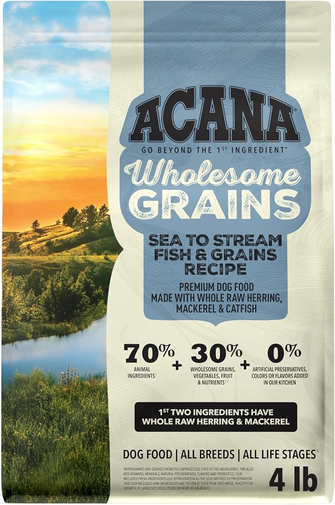 ACANA Wholesome Grains Dry Dog Food Sea to Stream Recipe 4lb Bag | High Protein, Made in the USA, Includes Probiotics, Wild-Caught Fish, Global Quality Ingredients