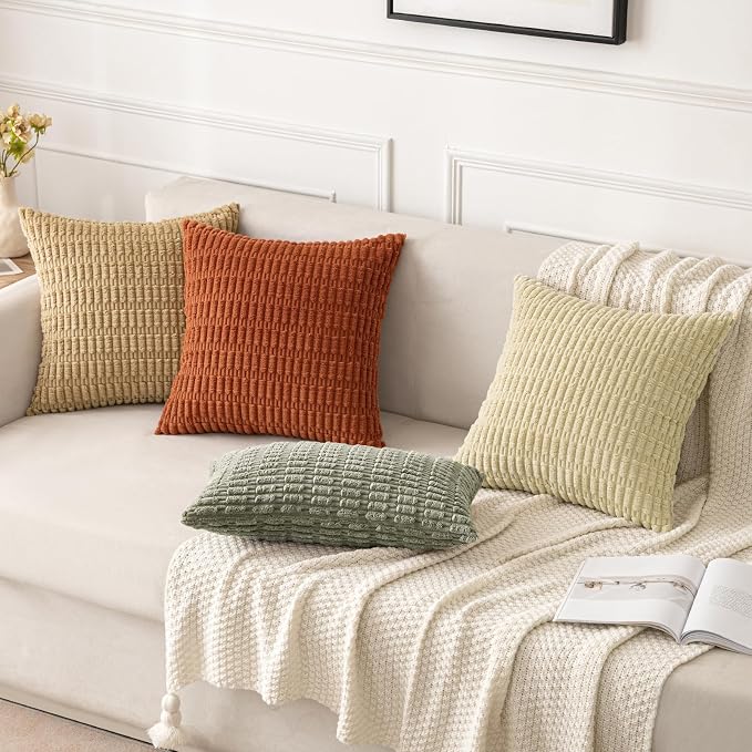 MIULEE Corduroy Decorative Throw Pillow Covers 18x18 Light Olive Pack of 2 | Green Soft Boho Striped Pillow Covers Modern Farmhouse Home Decor For Sofa Living Room Couch Bed