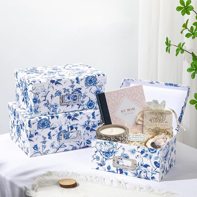 Briful Decorative Storage Boxes with Lids 4 Pack, Blue and White Chinoiserie Floral Cardboard Nesting Photo Boxes, Stackable Keepsake Photo Organizers for Home Shelf Bedroom Office