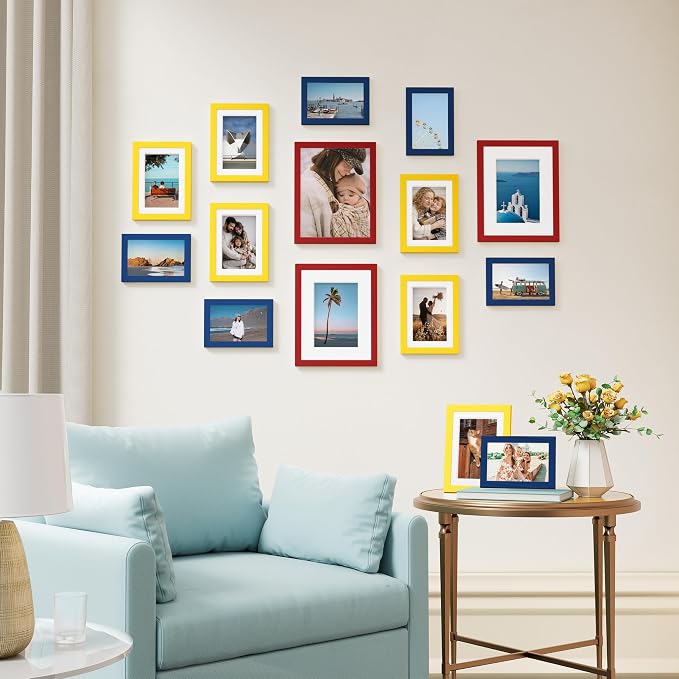 Vittanly 15 Pack Gallery Wall Frame Set, Red, Yellow, Blue | Picture Frames Collage Wall Decor: 3pcs 8x10, 6pcs 5x7, 6pcs 4x6. Picture Frame Set for Wall or Tabletop Display