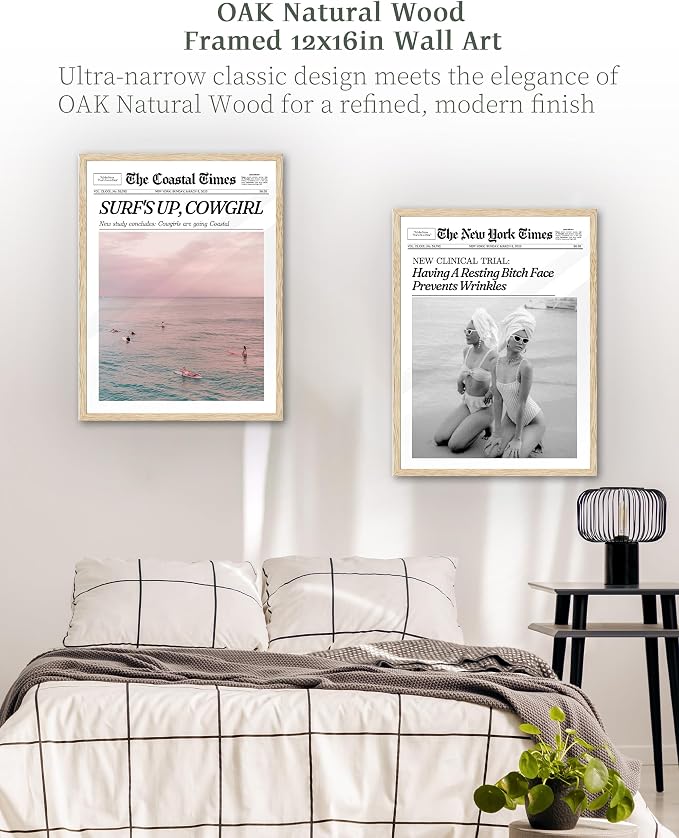 iHery 12x16in Surf’s Up Cowgirl Framed Newspaper Wall Art | Natural OAK Wood Frame with Canvas Print, Coastal Cowgirl Decor for Bedroom, Dorm, Living Room and Bar Cart, 1Pack