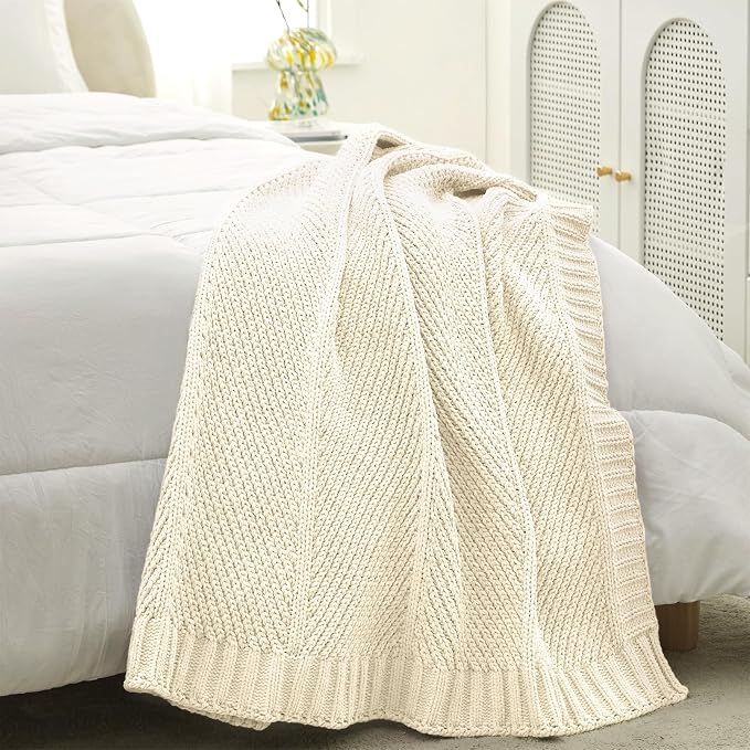 Knit Throw Blanket, Soft Chenille Cozy Breathable Chevron Chunky Decorative Blanket for Couch, Bed & Sofa, French-Inspired Lightweight Warm Gift for Women, Ivory, 60"x80"