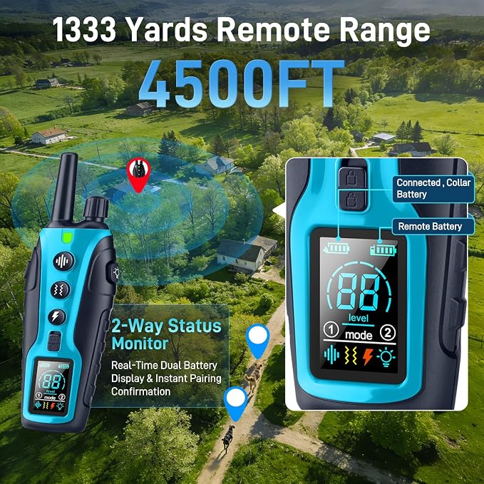 Dog Shock Collar - 4500FT Dog Training Collar with Remote Waterproof e Collar with Flashing Light, Adjustable Pitch Beep(1-8), Vibration(1-16), Safe Shock(1-99), and Keypad Lock