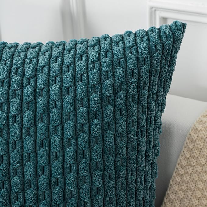 Kevin Textile Soft Corduroy 14"x20" Lumbar Pillow Cover 1 Pack, Teal Blue | Boho Stripe Plush Corduroy Decorative Oblong Cushion Cover Modern Farmhouse Home Decor for Sofa Couch Bed Chair