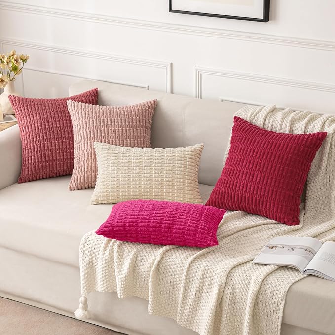 MIULEE Corduroy Decorative Throw Pillow Covers 18x18 Hot Pink Pack of 2 | Soft Boho Striped Pillow Covers Modern Farmhouse Home Decor For Sofa Living Room Couch Bed