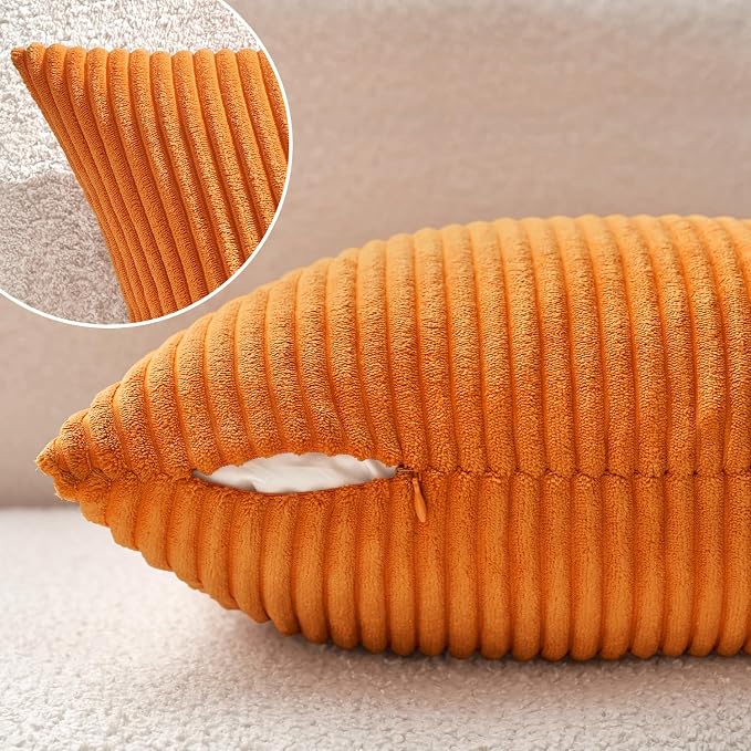 MIULEE Fall Decorative Corduroy Throw Pillow Covers Set of 2 22x22 Orange | Soft Striped Textured Cushion Cases, Boho Energetic Vibe Pillowcases for Home Decor, for Couch Chair Sofa Bed Living Room