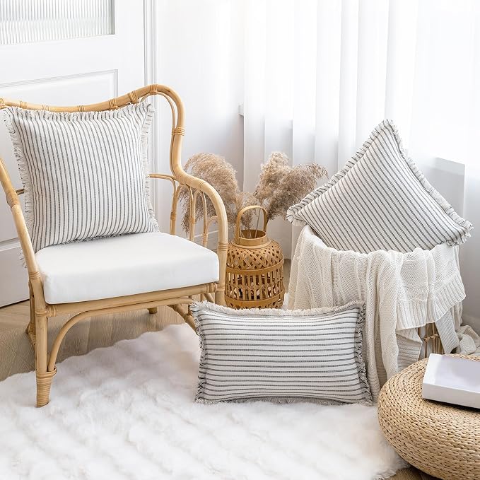 YEENAASY Throw Pillow Covers 26x26 Boho Striped Pillow Cases with Tassel | Set of 2 Fringe Pillow Cover Farmhouse Cushion Covers Neutral Pillows Decorative Square Pillowcase for Couch Sofa Bed, Grey