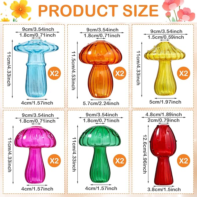 13 Pcs Glass Mushroom Vase Propagation Station with Hydroponic Plant and Artificial Fake Moss 6 Colored Plant Vase Table Centerpiece Decor for Forest Birthday Wedding Party Decoration (Bright Color)