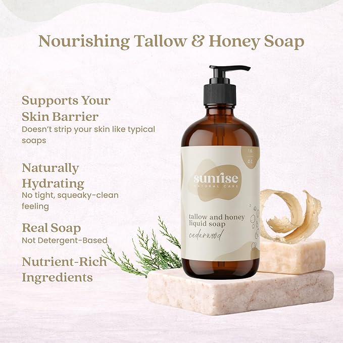 Tallow & Honey Liquid Soap – Cedarwood – Natural Face, Body & Hand Wash – Grass-Fed Beef Tallow Cleanser – Gentle Moisturizing Soap – 16 oz