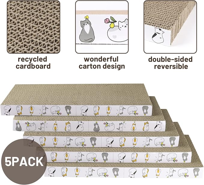 PatiencET Cardboard Cat Scratcher 5 Pack, Cat Scratching Board with Catnips | Flat Double-Sided Cat Scratch Pad for indoor Small Medium Cats Kittens