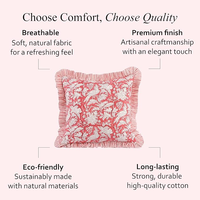 CPC Pink Coral Ruffle Throw Pillow Covers for Couch, 20x20 Inch Cotton Stripe Ruffle Couch Pillows for Living Room, Hidden 16 Inch Zipper Boho Pillow Case or Cute Outdoor Pillows