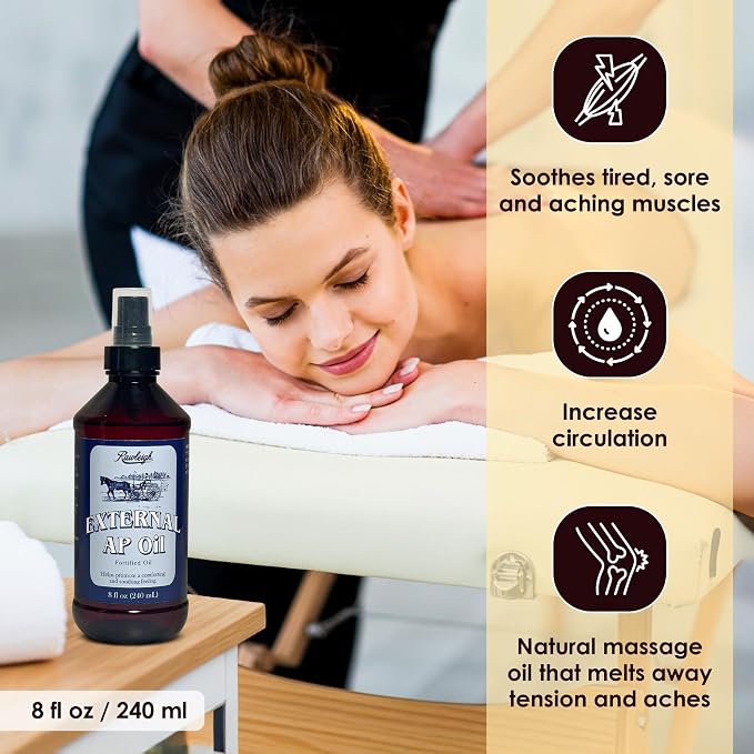 Rawleigh External AP Oil Spray (8 fl oz) – Heritage Therapeutic Massage Oil for Sore Muscles & Everyday Aches – Fast-Absorbing Menthol, Clove & Peppermint Oil Blend – Non-Greasy Muscle Recovery Spray