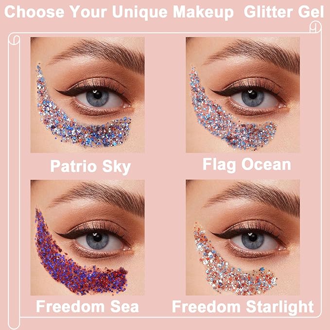 Boko 50ML Body Glitter Gel, Red White Blue 4th of July Chunky Glitter for Face Hair Body Makeup, Patriotic Glitter for USA Independence Day Memorial Day Veterans Day Flag Party Rave Accessories
