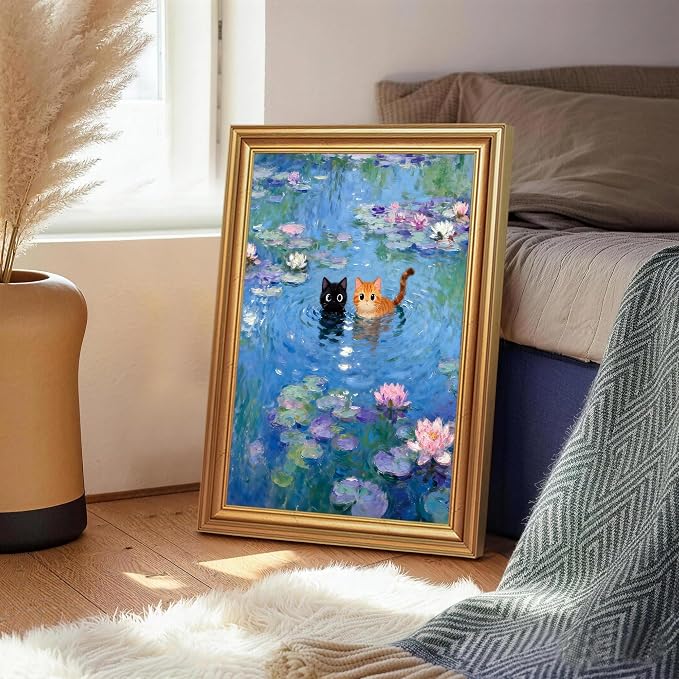 ICHZUMW Gold Framed Funny Cats Monet Water Lilies Canvas Wall Art, 16x24 In | Quirky Black and Orange Cats, Humorous Bathroom Wall Decor, Bedroom Restroom Powder Room, Fade Resistant, Ready to Hang