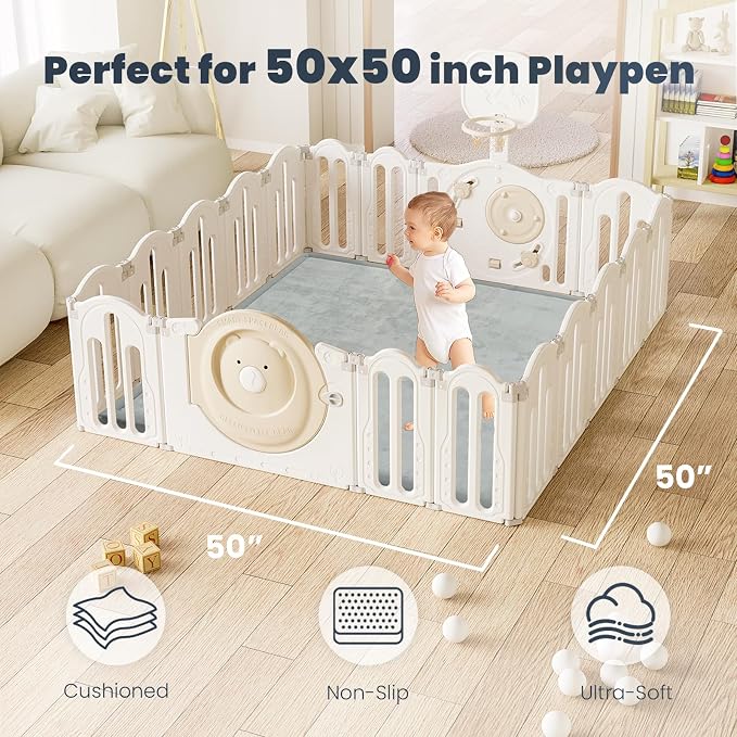 ACOMOPACK 1.3" Thick Baby Play Mat for Floor,50x50 Elasti-Foam Playpen Mat for Kids,Infants,Toddlers, Ultra Soft Crawling Mat with Non-Slip Bottom,Tummy Time,Nursery Rug,Yoga,Tatami（Light Grey）