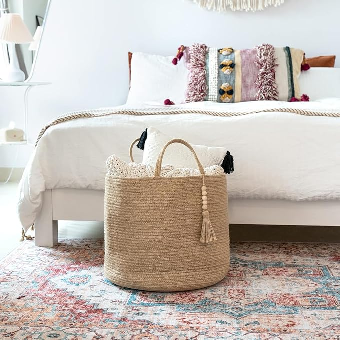Mkono Woven Storage Basket for Blanket, Toys Plant Organizer, 15"W x 17.7"L | Brown, Jute, Decorative Basket with Handle, Wood Beads Tassel, Shoes Towel Clothes Storage Bin, Living Room Bedroom Nursery