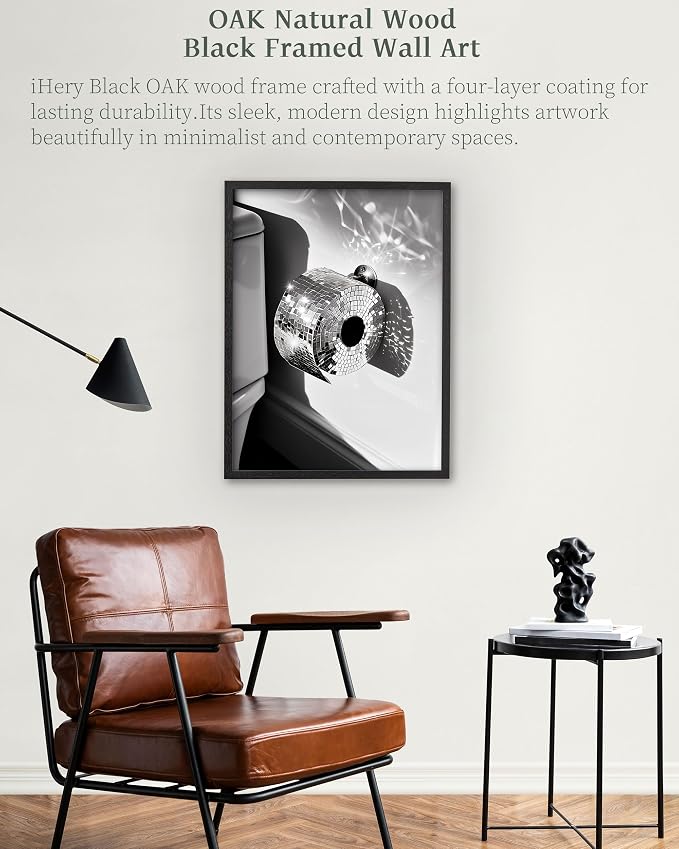 iHery 12x16in Disco Ball Toilet Paper Framed Bathroom Wall Art | Premium Black OAK Wood Frame with Canvas Print, Funny Black and White Decor for Bathroom, Powder Room Guest Bathroom 1Pack
