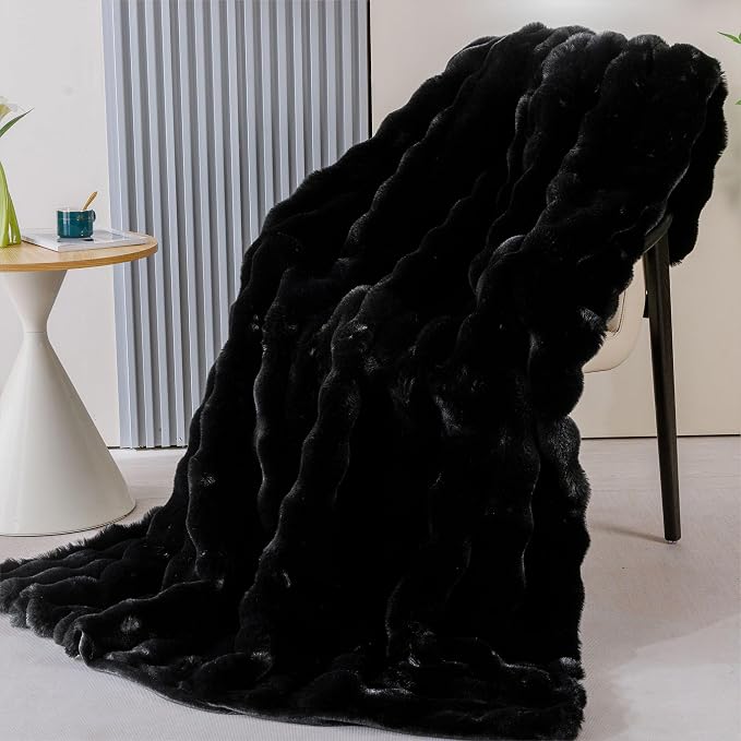 Fluffy Furry Black Faux Fur Throw Blanket for Couch Bed 50x60 Fuzzy Bubble Soft Blanket for Adults Gift Home Living Room Decorative Decor 860 GSM