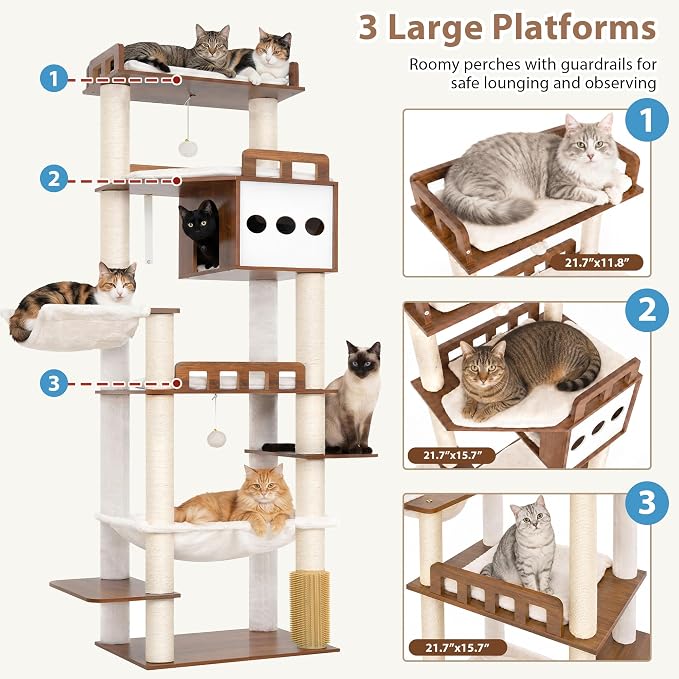 Modern Cat Tree, 76'' Tall Cat Tower - 3 Big Platform GCT103EB