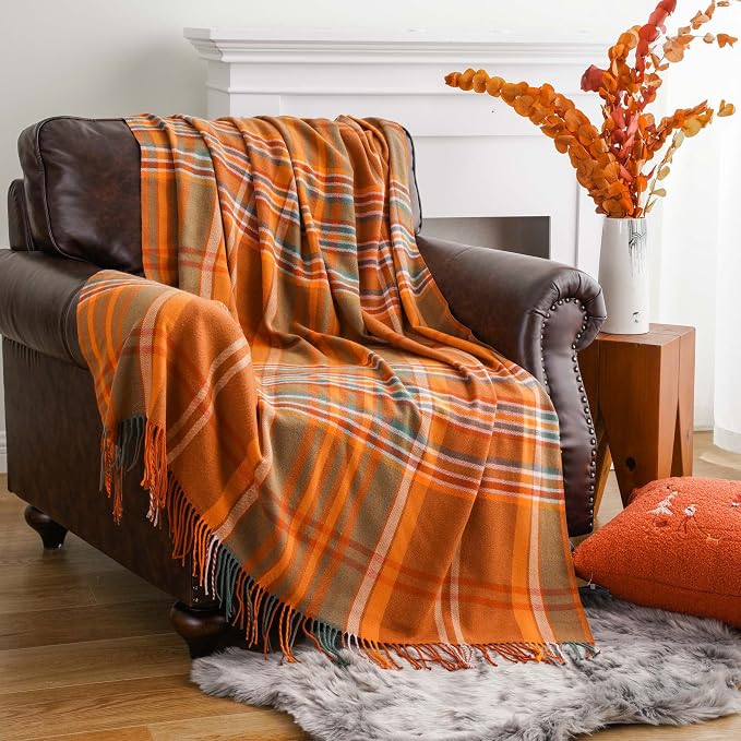 Orange Plaid Throw Blanket for Couch, Fall Throw Blanket 50"x60" Fall Decor | Lightweight Buffalo Plaid Blanket Throw, Soft Woven Throws with Tassels, Checkered Blanket for Bed, Sofa, Autumn, Home Decor