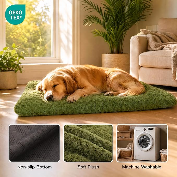 Exsnugy Washable Dog Bed Mat Large Size Fluffy Pet Crate Pad 42x28 XL | Non-Slip Bottom Kennel Beds Ultra Soft Comfy Sleeping Mattress for Large Medium Small Dogs Green